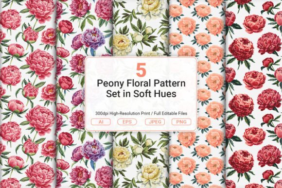 Download Peony Floral Pattern Set in Soft Hues - Premium Resources